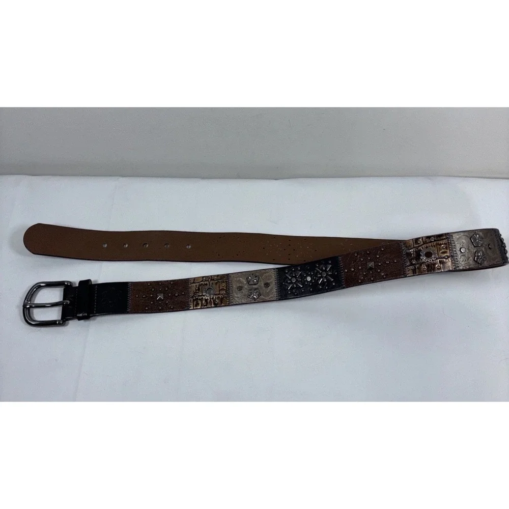VTG Fossil Leather Belt Patchwork Sz L Floral Studded Cowhide Tooled‎ Y2K Artsy